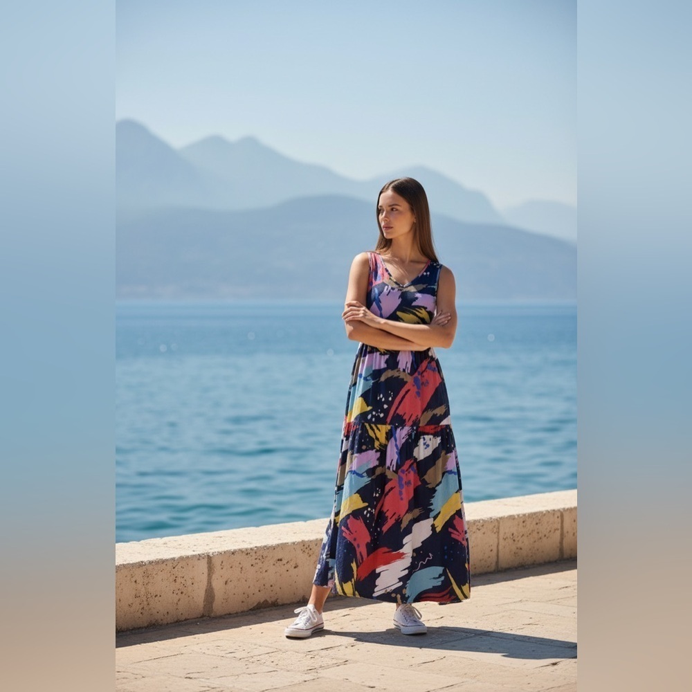 Women’s Colorful Abstract Print Sleeveless Maxi Dress | Flowy Boho Resort Style